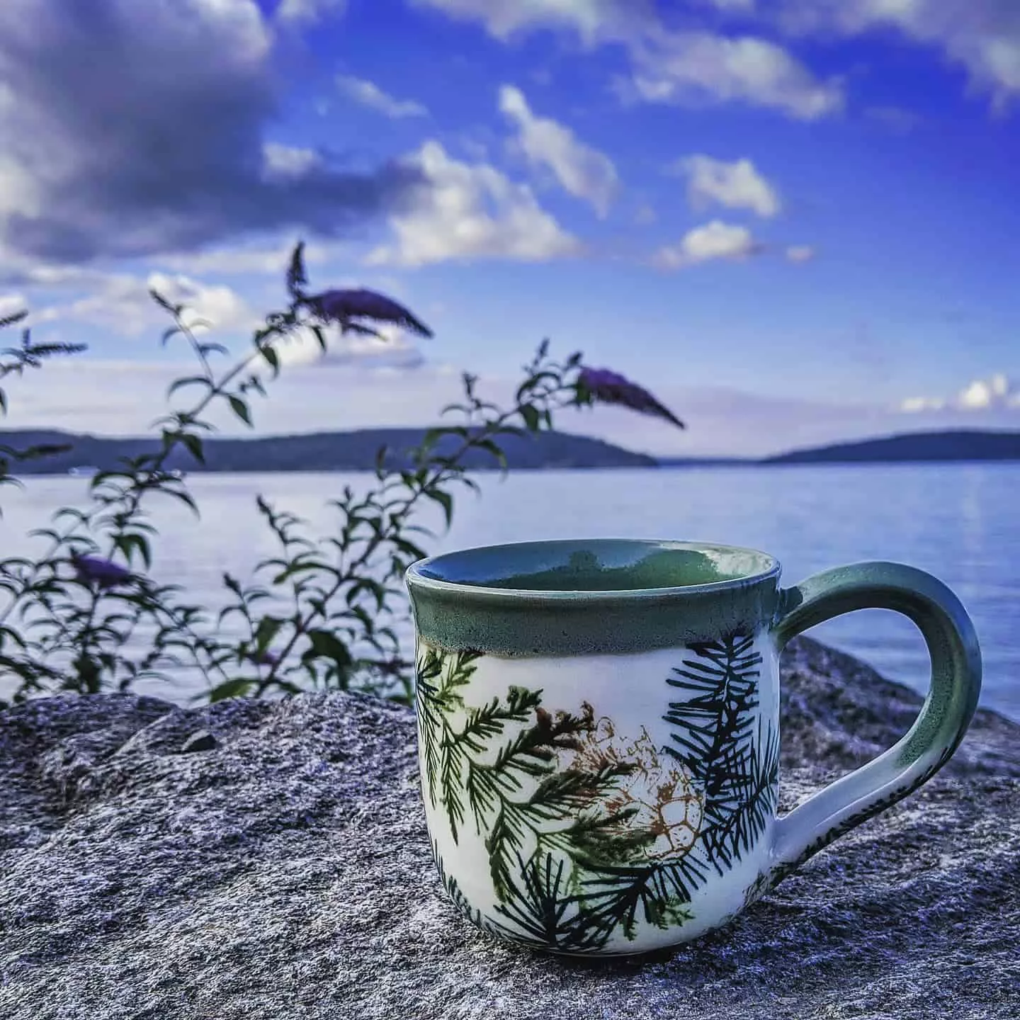 Handmade pottery mug with painted evergreen branches on a rock overlooking Puget Sound
